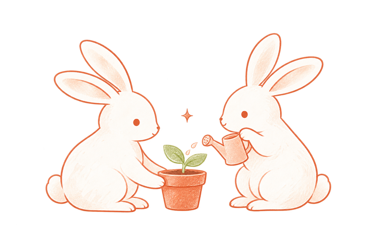 2匹のうさぎが協力して小さな芽を育てるイラスト